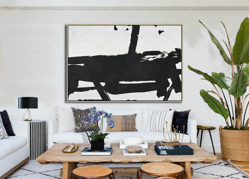 Large Wall Art Canvas,Hand Painted Oversized Horizontal Minimal Art On Canvas, Black And White Minimalist Painting - Modern Wall Decor